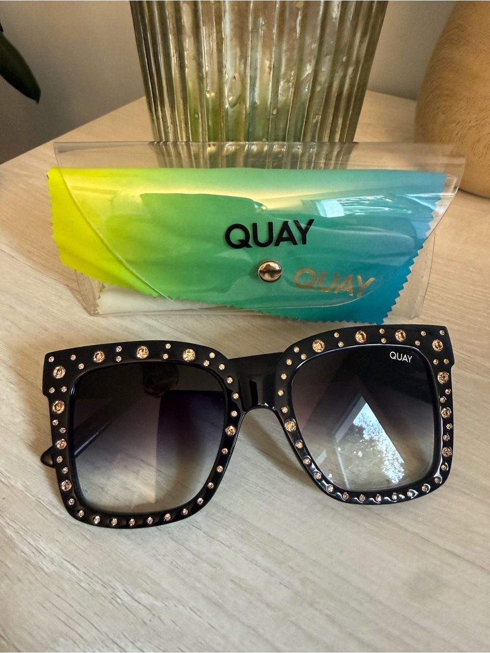 Quay Australia Black Studded Oversized Square Sunglasses